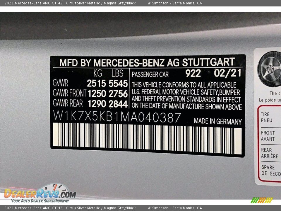 2021 Mercedes-Benz AMG GT 43 Cirrus Silver Metallic / Magma Gray/Black Photo #11