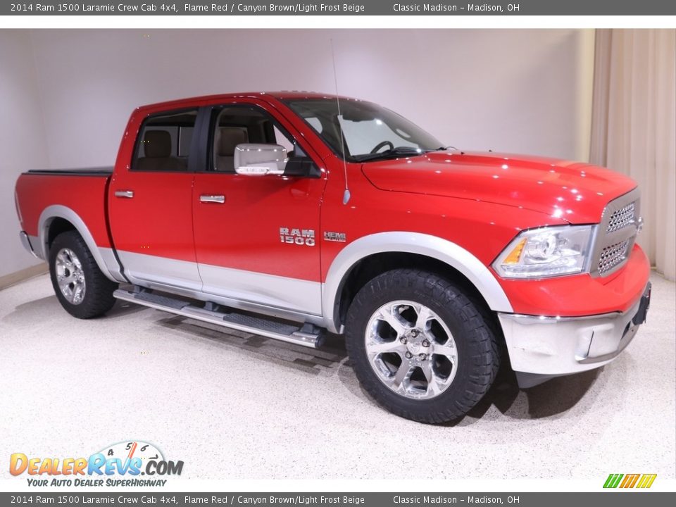 2014 Ram 1500 Laramie Crew Cab 4x4 Flame Red / Canyon Brown/Light Frost Beige Photo #1