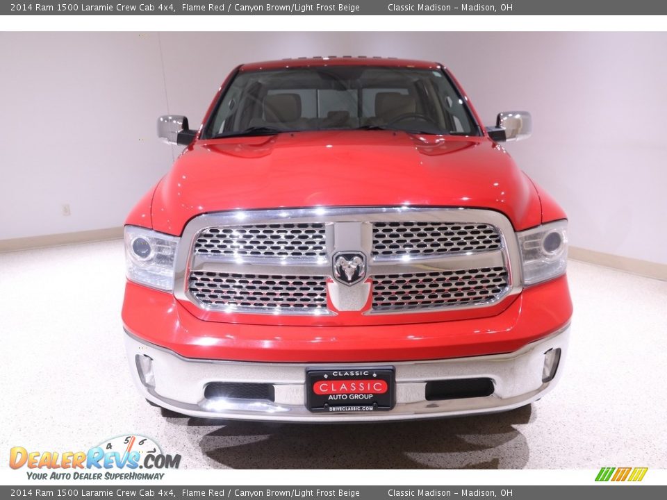 2014 Ram 1500 Laramie Crew Cab 4x4 Flame Red / Canyon Brown/Light Frost Beige Photo #2