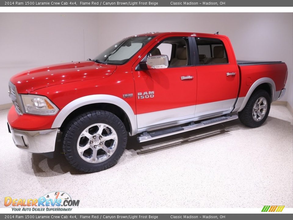 2014 Ram 1500 Laramie Crew Cab 4x4 Flame Red / Canyon Brown/Light Frost Beige Photo #3