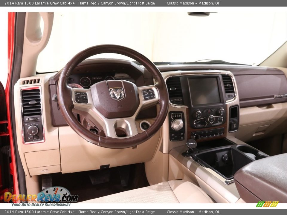 2014 Ram 1500 Laramie Crew Cab 4x4 Flame Red / Canyon Brown/Light Frost Beige Photo #6