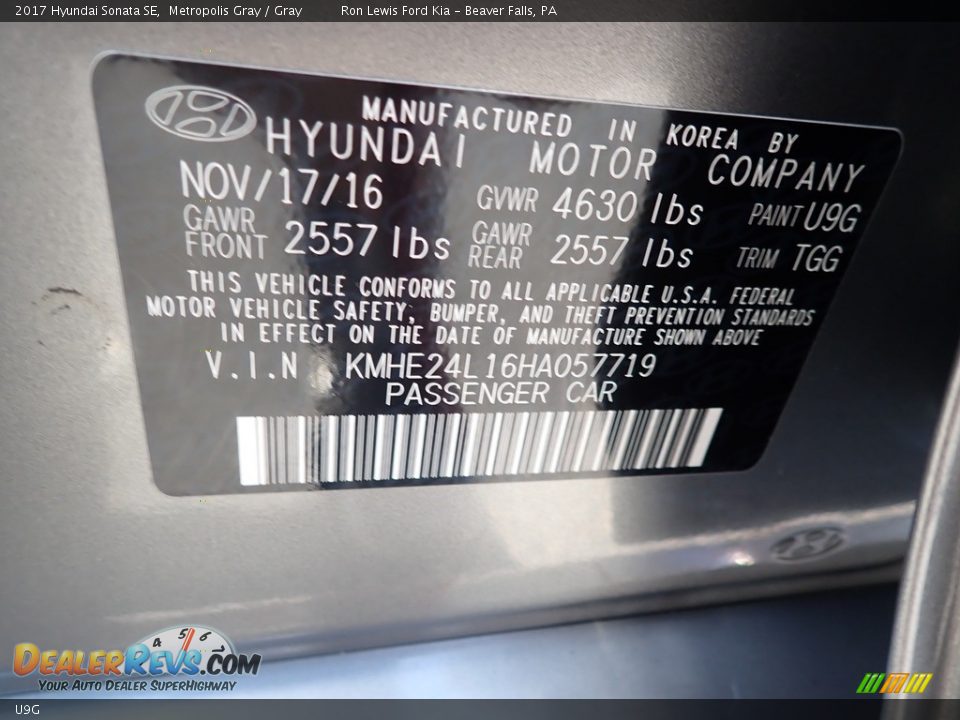 Hyundai Color Code U9G Metropolis Gray