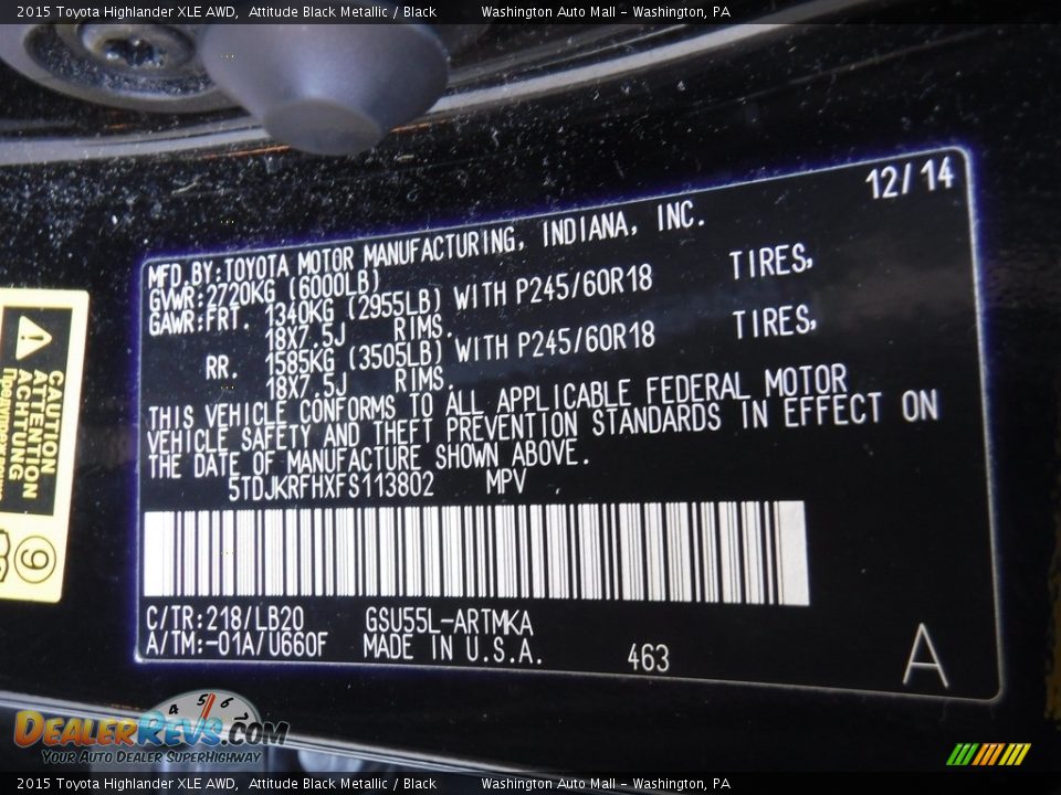 2015 Toyota Highlander XLE AWD Attitude Black Metallic / Black Photo #29