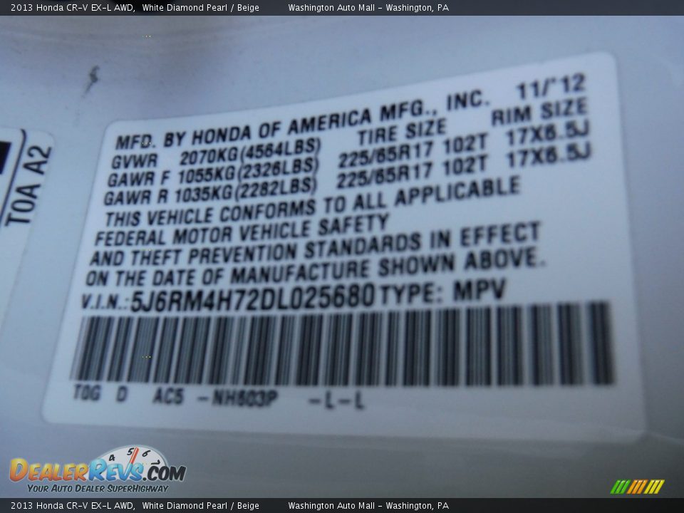 2013 Honda CR-V EX-L AWD White Diamond Pearl / Beige Photo #27
