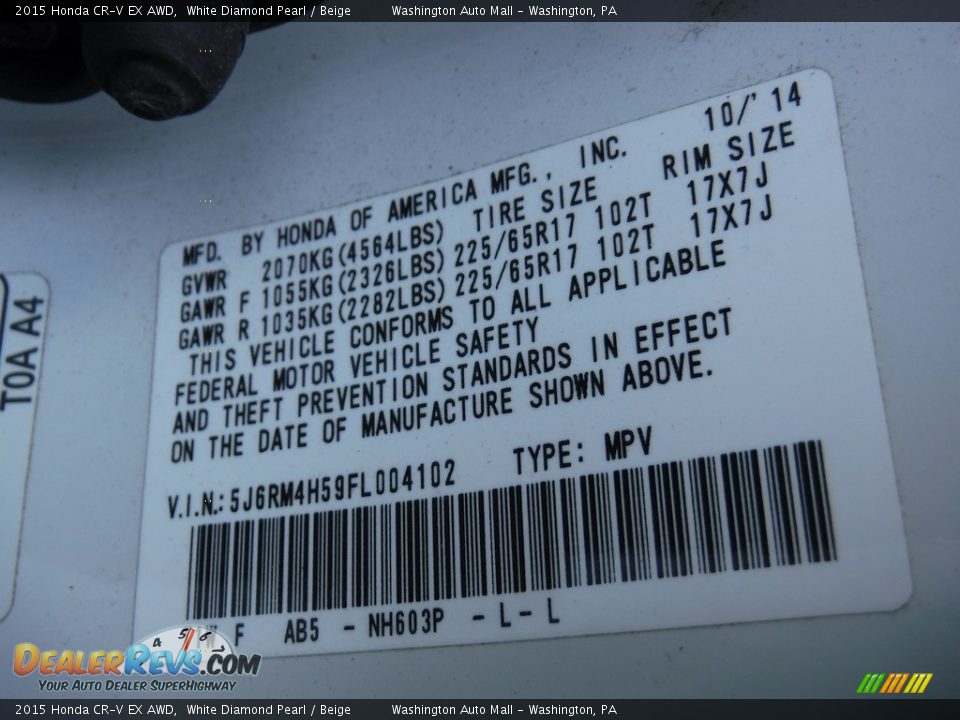 2015 Honda CR-V EX AWD White Diamond Pearl / Beige Photo #27