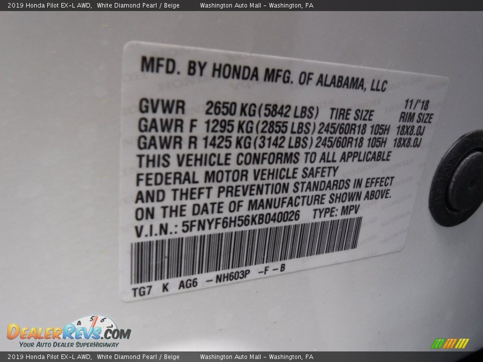 2019 Honda Pilot EX-L AWD White Diamond Pearl / Beige Photo #32