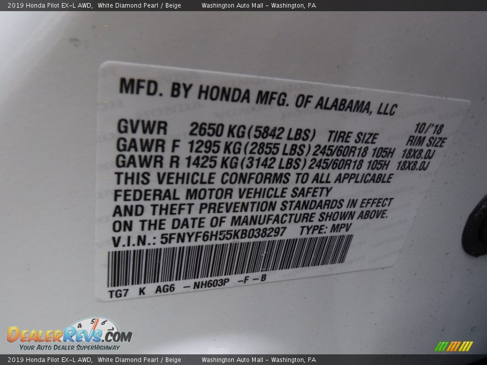 2019 Honda Pilot EX-L AWD White Diamond Pearl / Beige Photo #34