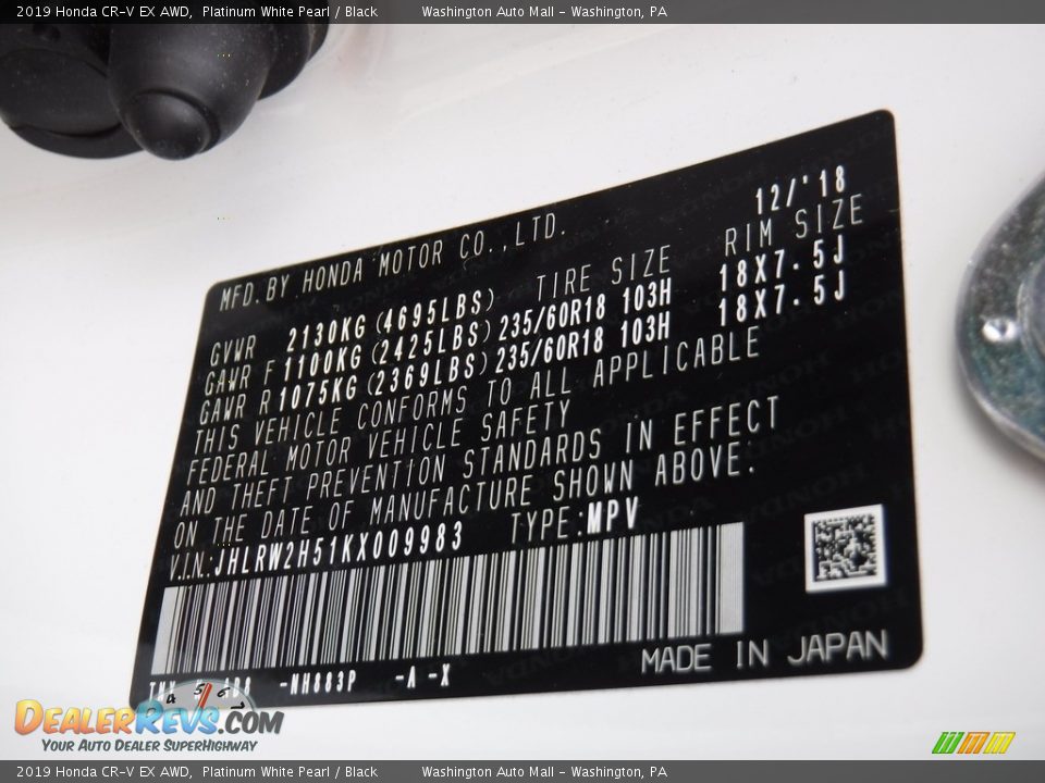 2019 Honda CR-V EX AWD Platinum White Pearl / Black Photo #31