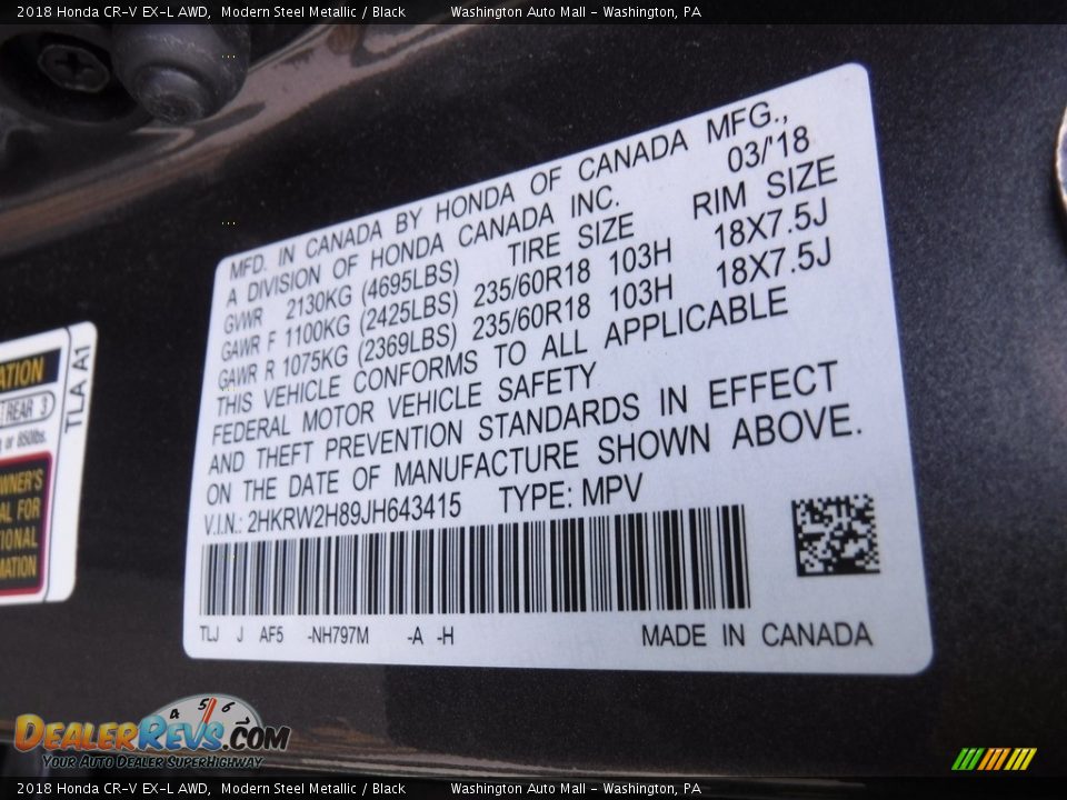 2018 Honda CR-V EX-L AWD Modern Steel Metallic / Black Photo #29