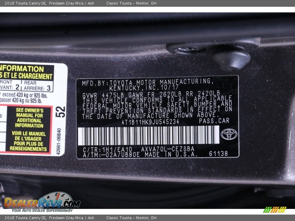 2018 Toyota Camry SE Predawn Gray Mica / Ash Photo #18