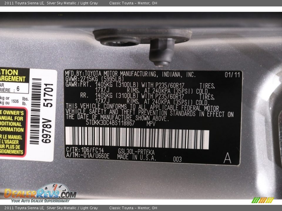 2011 Toyota Sienna LE Silver Sky Metallic / Light Gray Photo #20