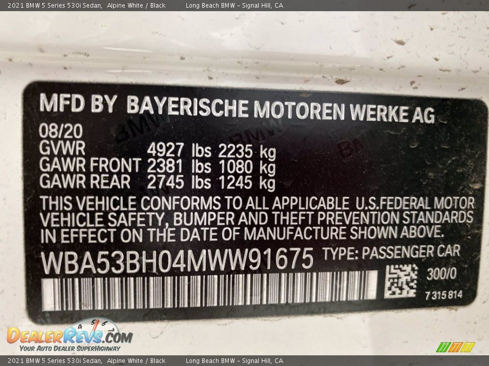 2021 BMW 5 Series 530i Sedan Alpine White / Black Photo #25