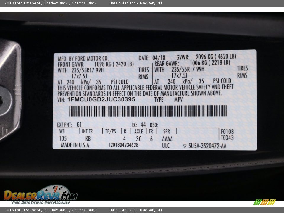 2018 Ford Escape SE Shadow Black / Charcoal Black Photo #19
