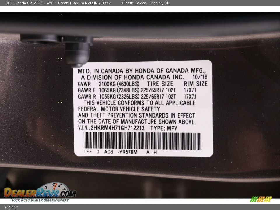 Honda Color Code YR578M Urban Titanium Metallic