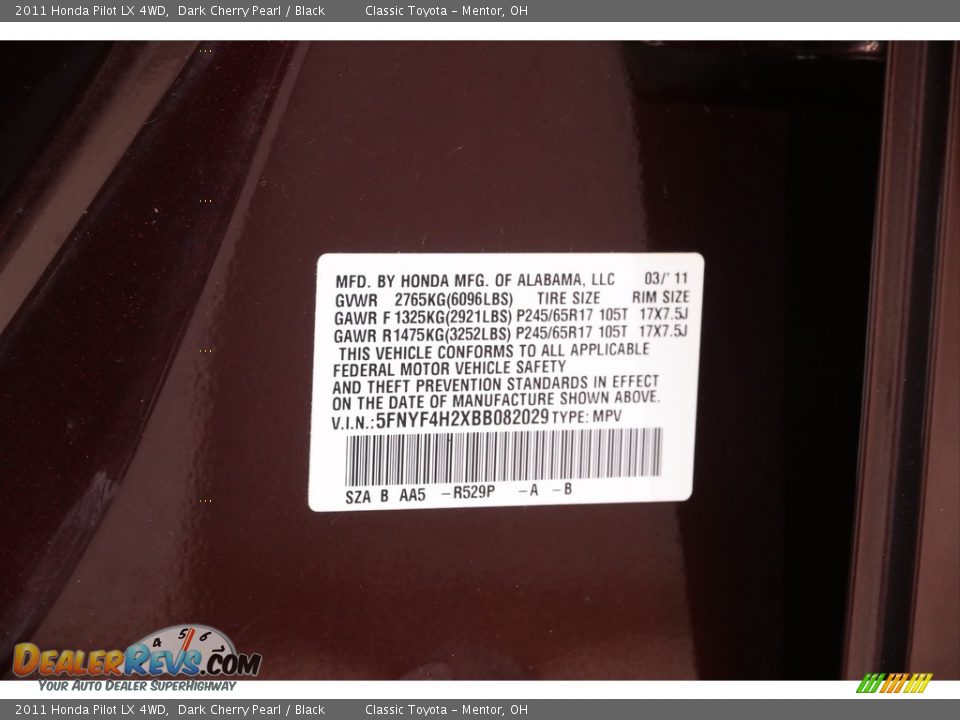 2011 Honda Pilot LX 4WD Dark Cherry Pearl / Black Photo #18