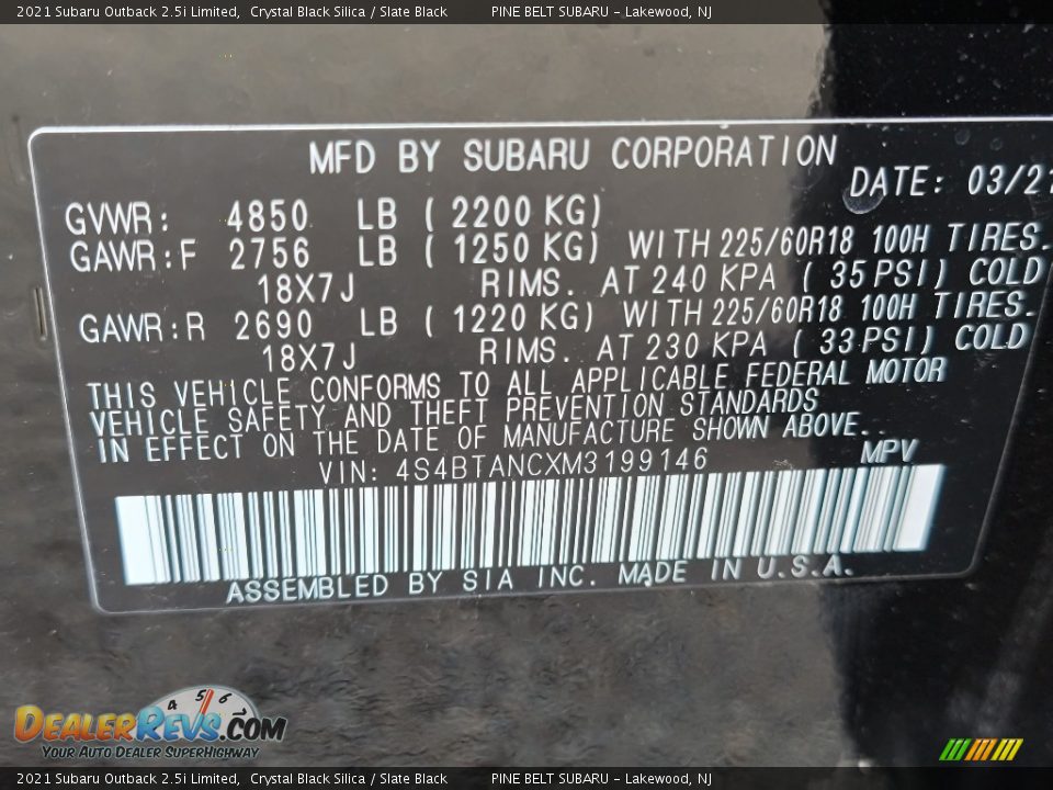 2021 Subaru Outback 2.5i Limited Crystal Black Silica / Slate Black Photo #14