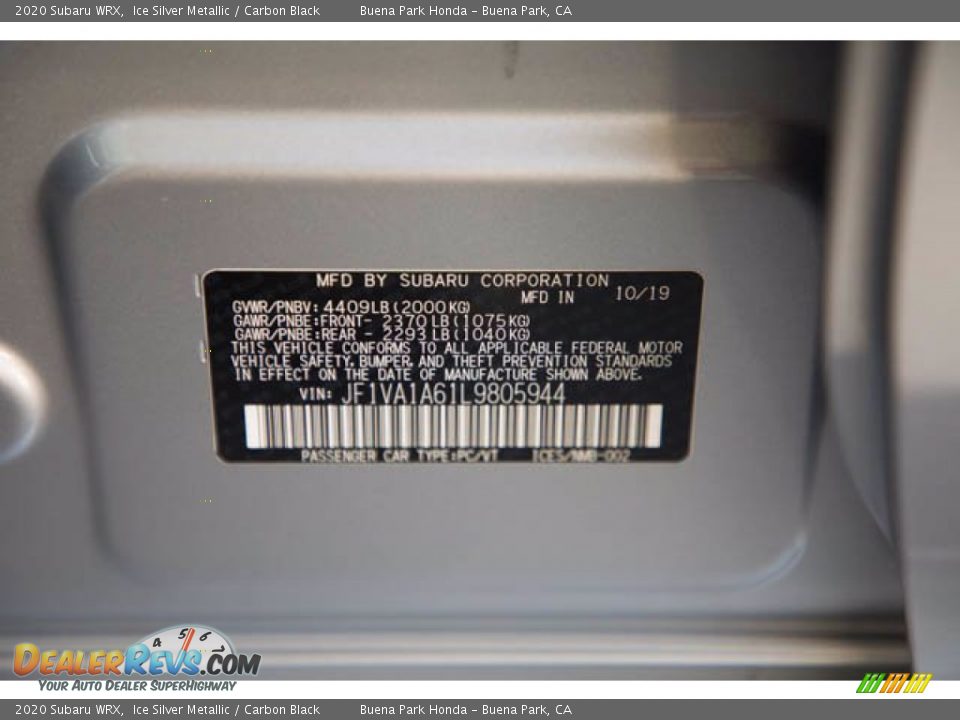 2020 Subaru WRX Ice Silver Metallic / Carbon Black Photo #35