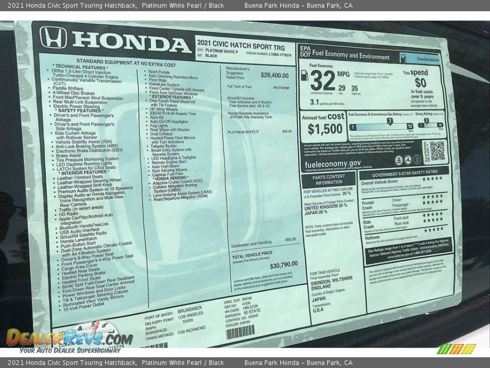 2021 Honda Civic Sport Touring Hatchback Window Sticker Photo #9