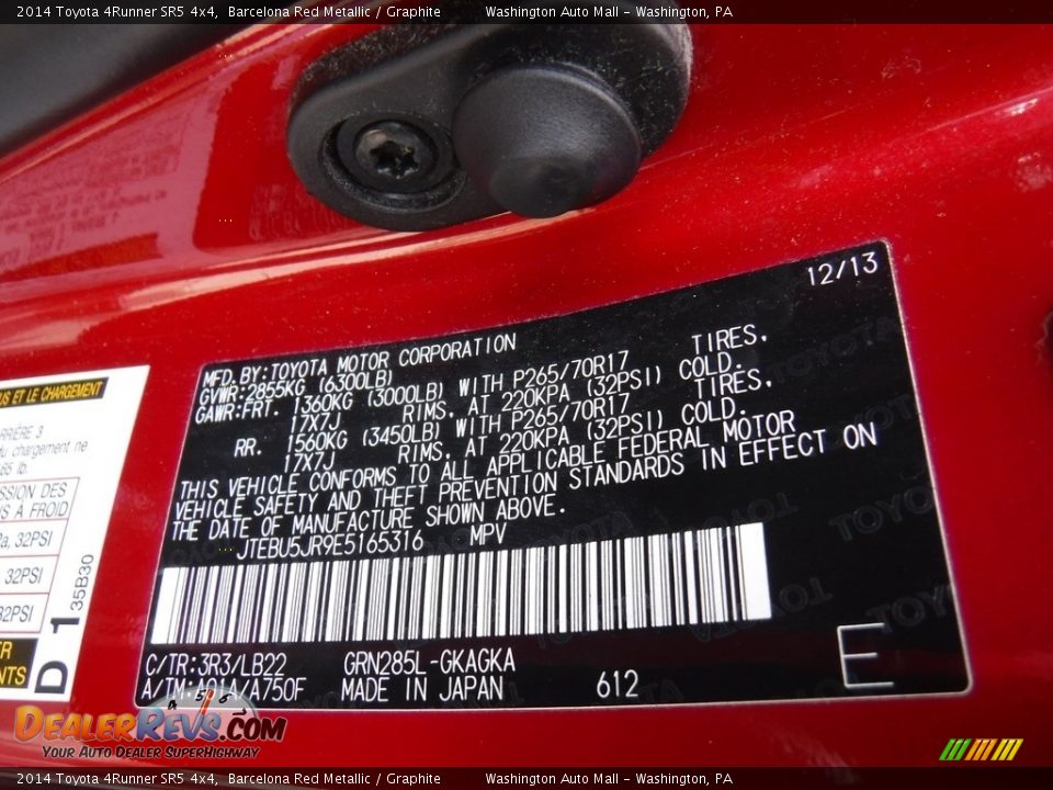 2014 Toyota 4Runner SR5 4x4 Barcelona Red Metallic / Graphite Photo #26