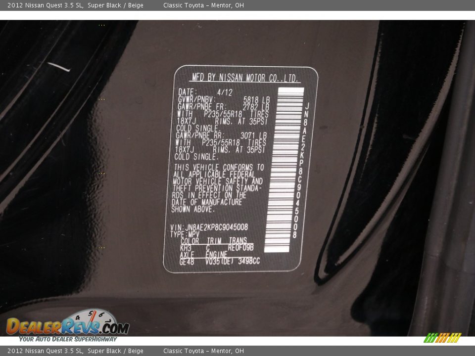 2012 Nissan Quest 3.5 SL Super Black / Beige Photo #23
