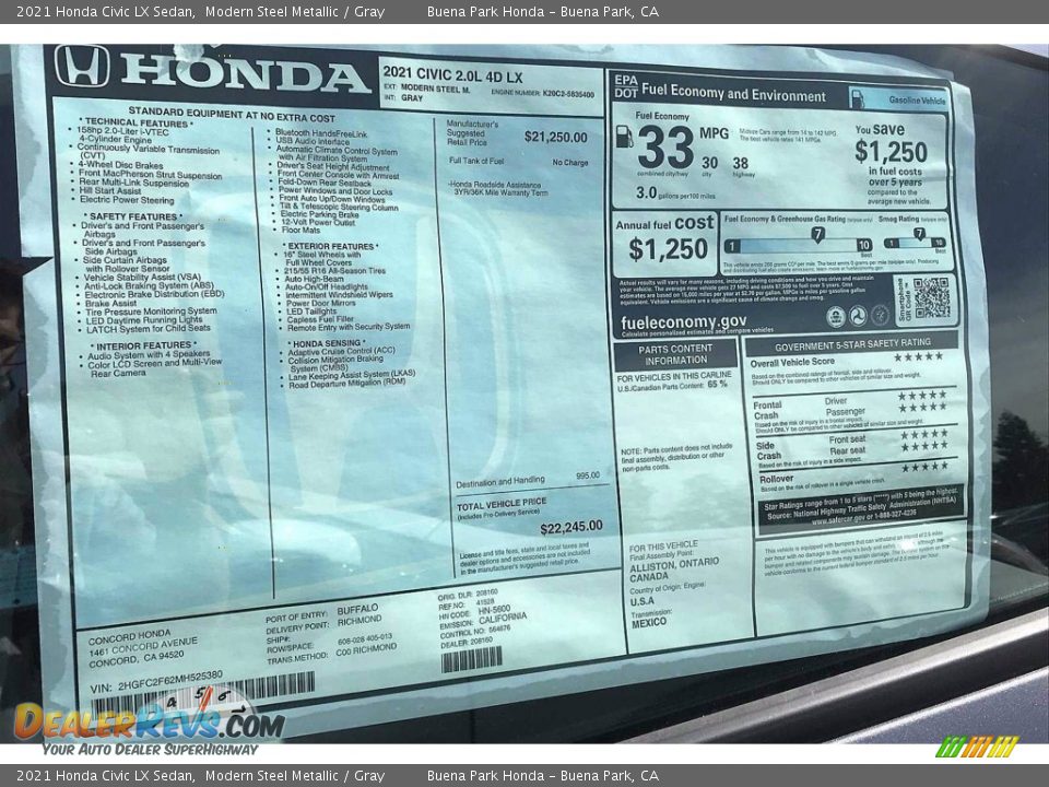 2021 Honda Civic LX Sedan Modern Steel Metallic / Gray Photo #17