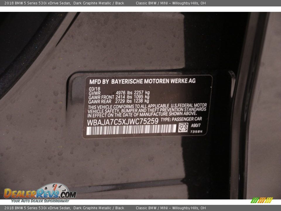 2018 BMW 5 Series 530i xDrive Sedan Dark Graphite Metallic / Black Photo #22