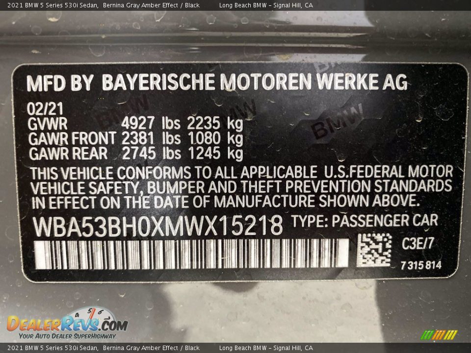 2021 BMW 5 Series 530i Sedan Bernina Gray Amber Effect / Black Photo #26