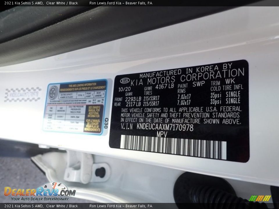 2021 Kia Seltos S AWD Clear White / Black Photo #15