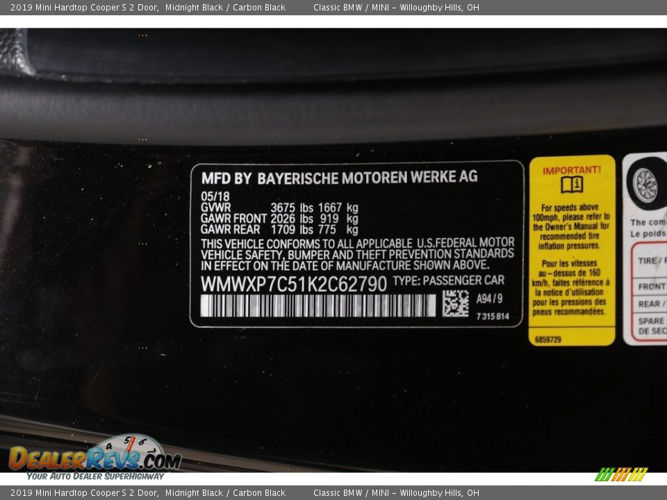 2019 Mini Hardtop Cooper S 2 Door Midnight Black / Carbon Black Photo #17