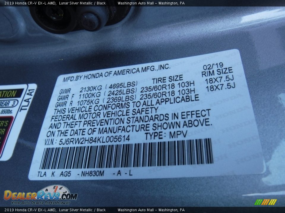 2019 Honda CR-V EX-L AWD Lunar Silver Metallic / Black Photo #27