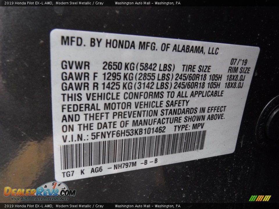 2019 Honda Pilot EX-L AWD Modern Steel Metallic / Gray Photo #32