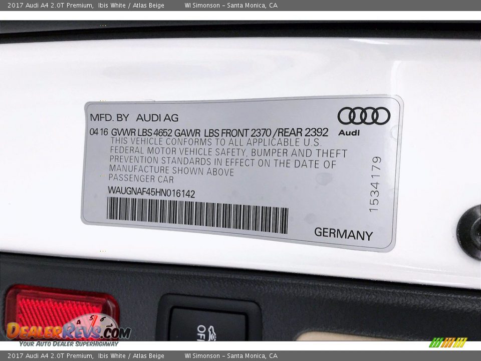 2017 Audi A4 2.0T Premium Ibis White / Atlas Beige Photo #33