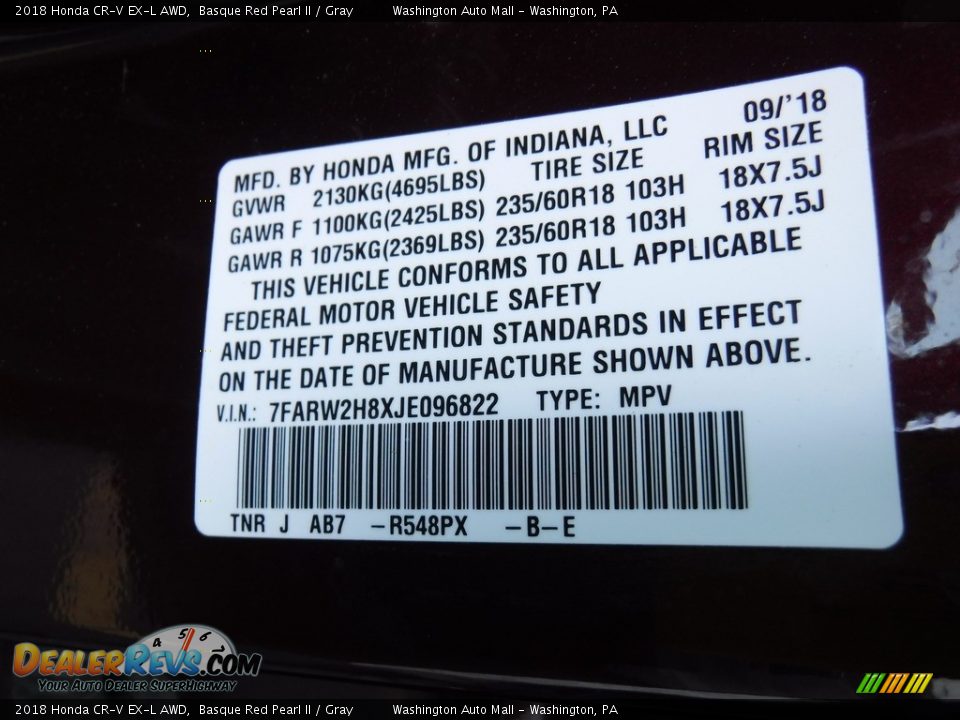 2018 Honda CR-V EX-L AWD Basque Red Pearl II / Gray Photo #32