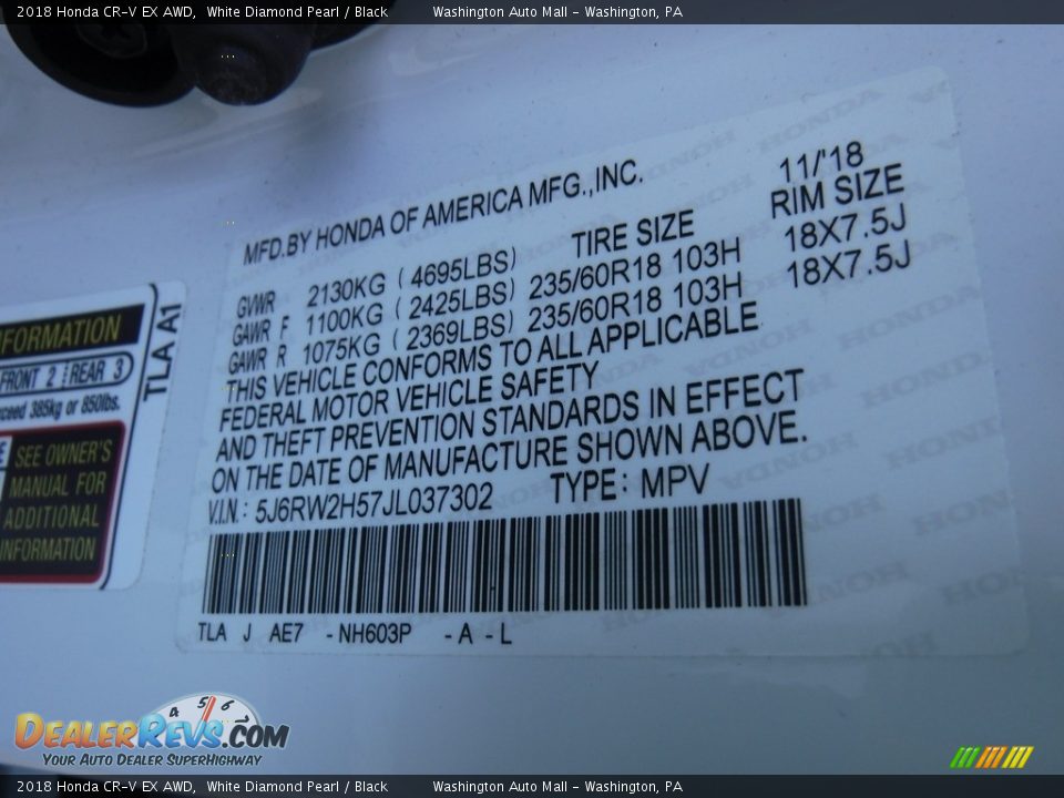2018 Honda CR-V EX AWD White Diamond Pearl / Black Photo #25