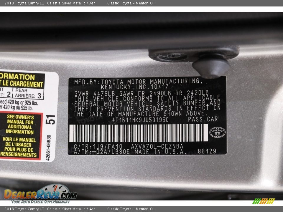 2018 Toyota Camry LE Celestial Silver Metallic / Ash Photo #17