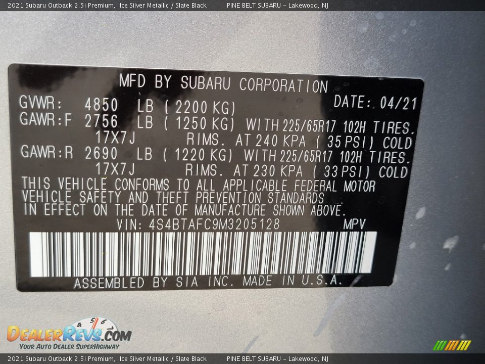 2021 Subaru Outback 2.5i Premium Ice Silver Metallic / Slate Black Photo #14