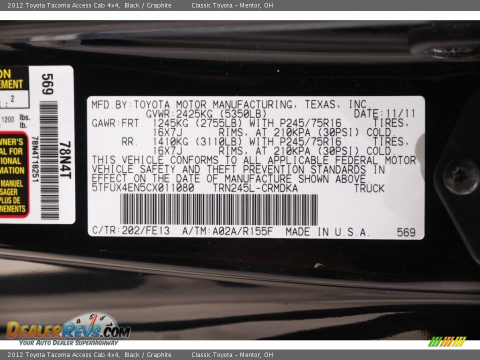 2012 Toyota Tacoma Access Cab 4x4 Black / Graphite Photo #17