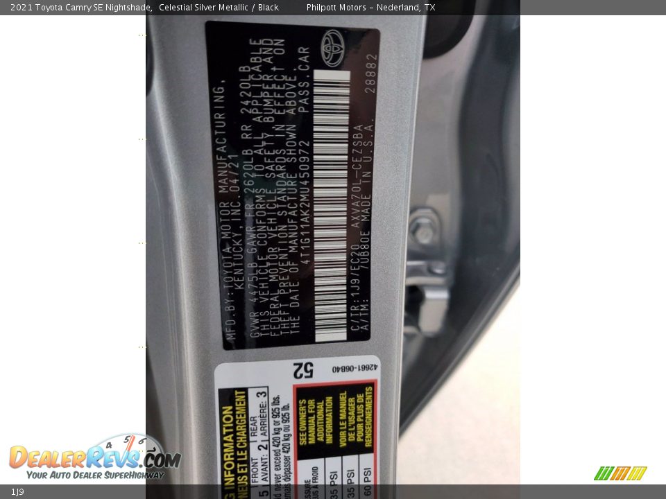 Toyota Color Code 1J9 Celestial Silver Metallic