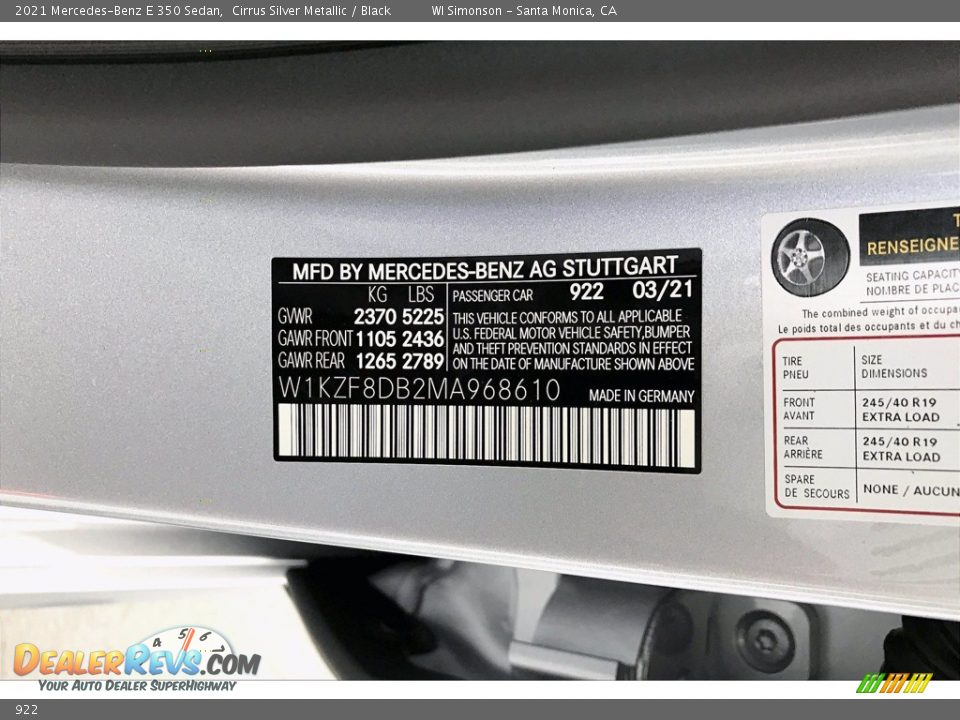 Mercedes-Benz Color Code 922 Cirrus Silver Metallic