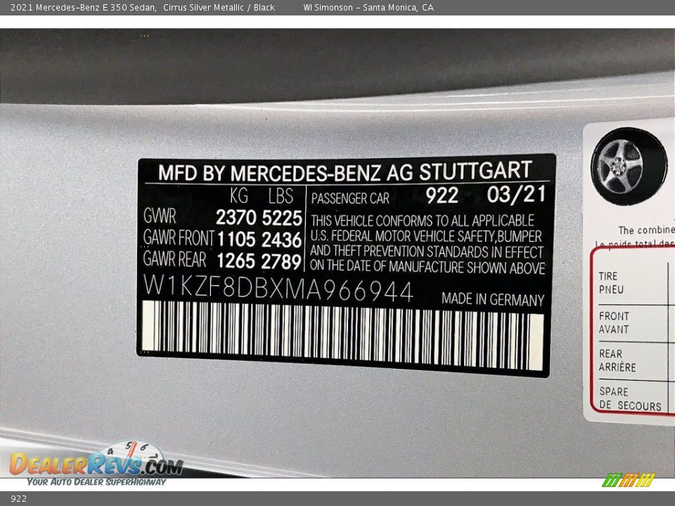 Mercedes-Benz Color Code 922 Cirrus Silver Metallic