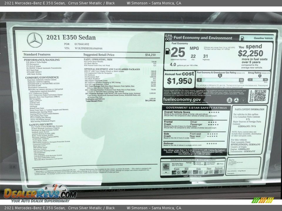 2021 Mercedes-Benz E 350 Sedan Window Sticker Photo #13