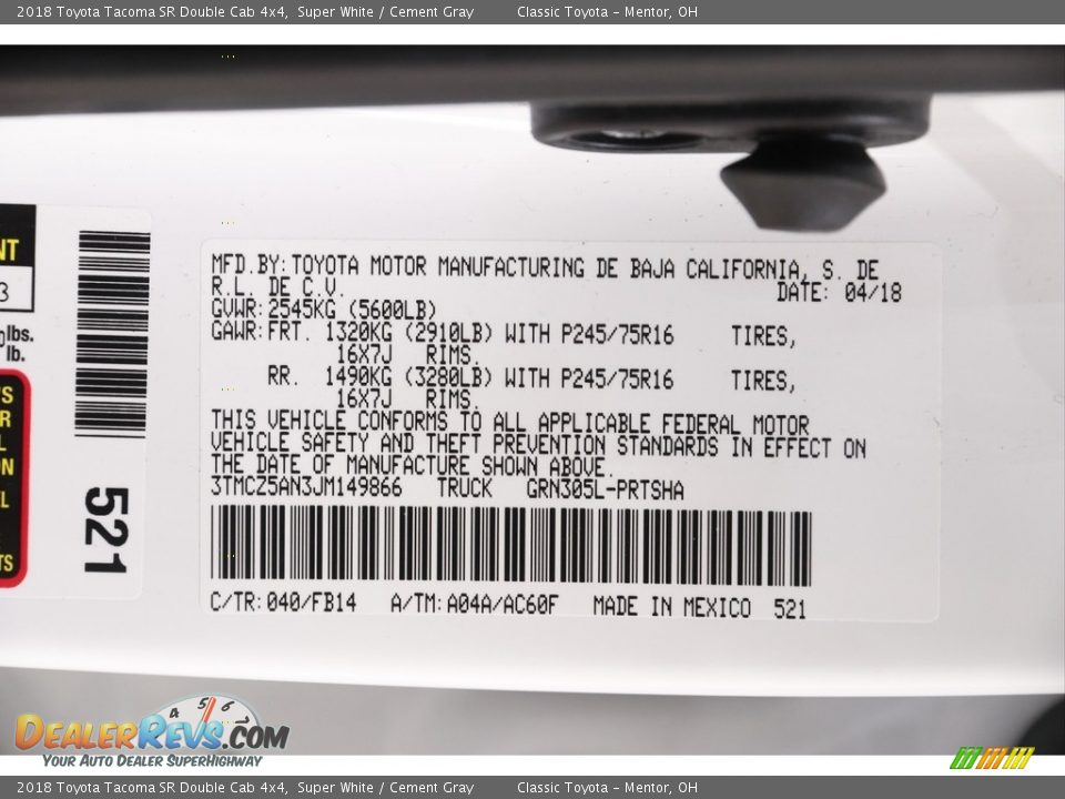 2018 Toyota Tacoma SR Double Cab 4x4 Super White / Cement Gray Photo #18