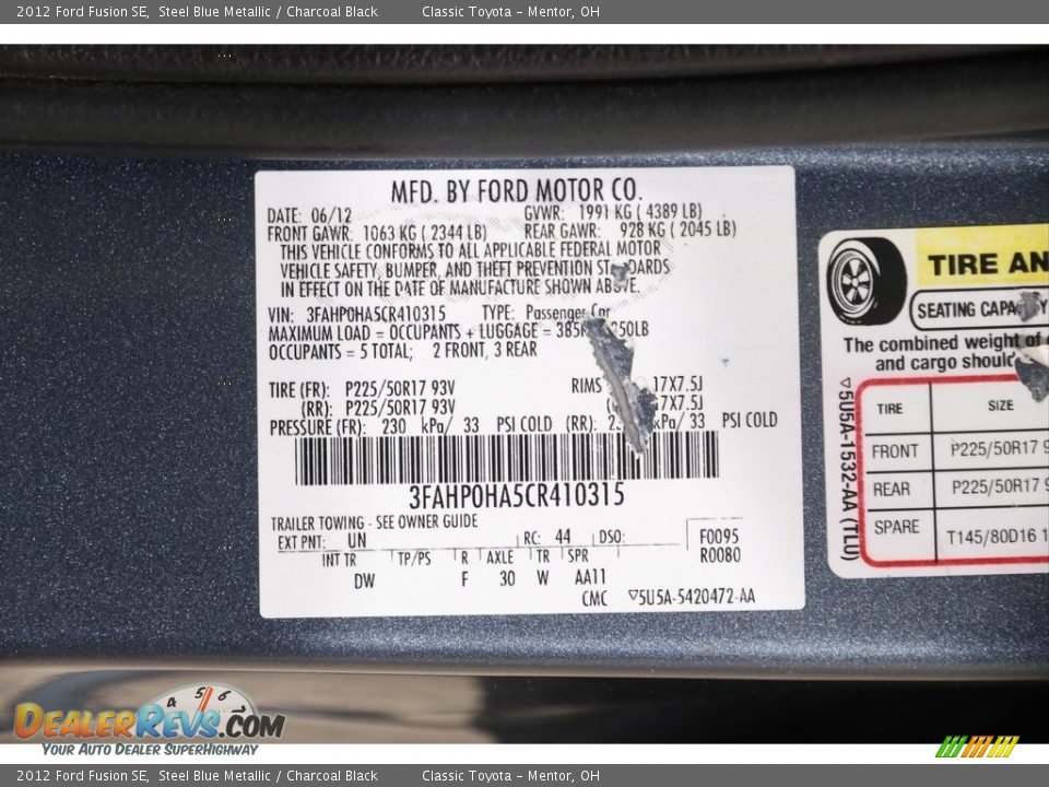 2012 Ford Fusion SE Steel Blue Metallic / Charcoal Black Photo #18