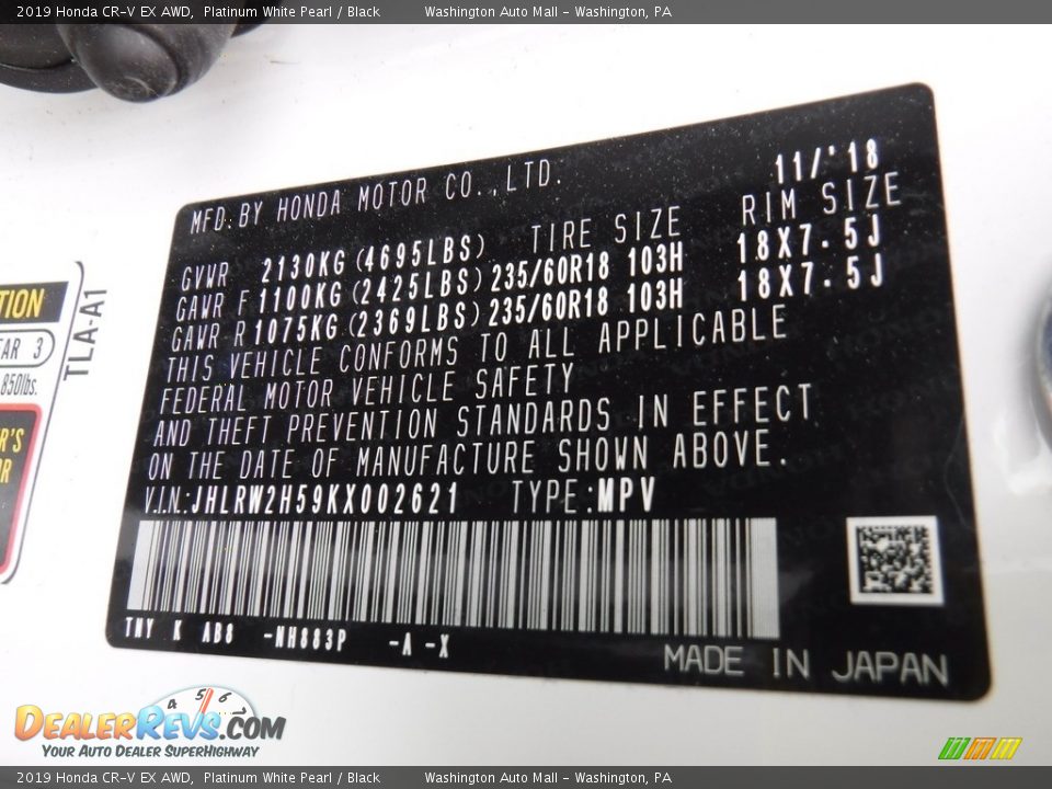 2019 Honda CR-V EX AWD Platinum White Pearl / Black Photo #27