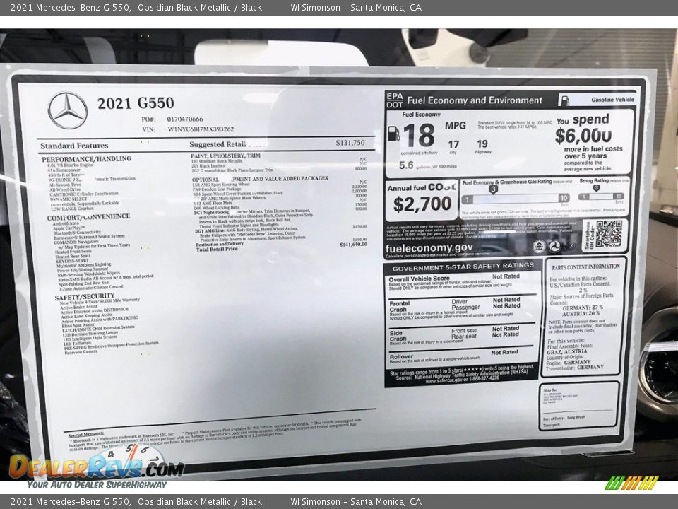2021 Mercedes-Benz G 550 Window Sticker Photo #11