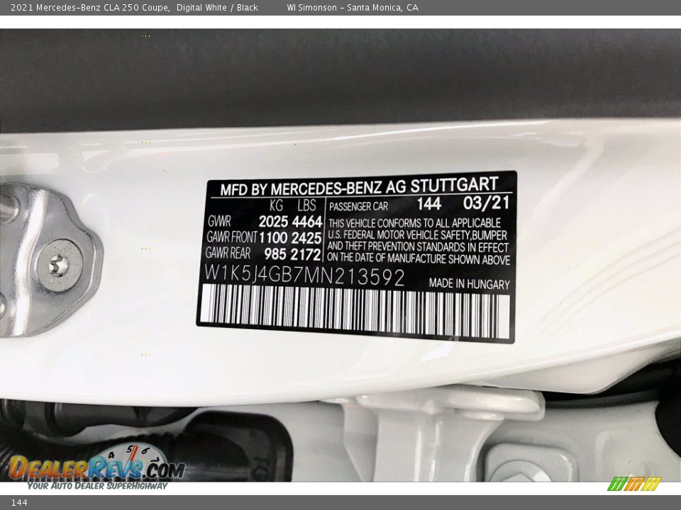 Mercedes-Benz Color Code 144 Digital White