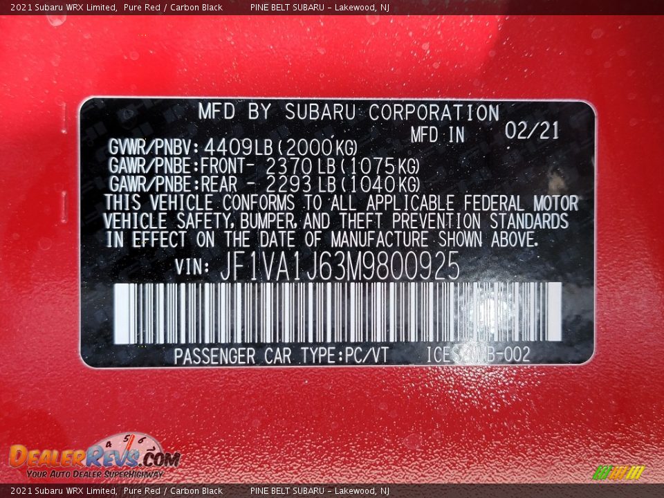 2021 Subaru WRX Limited Pure Red / Carbon Black Photo #14