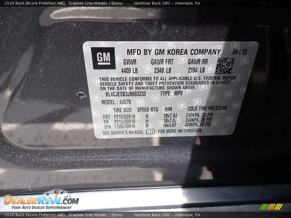 2018 Buick Encore Preferred AWD Graphite Gray Metallic / Ebony Photo #15