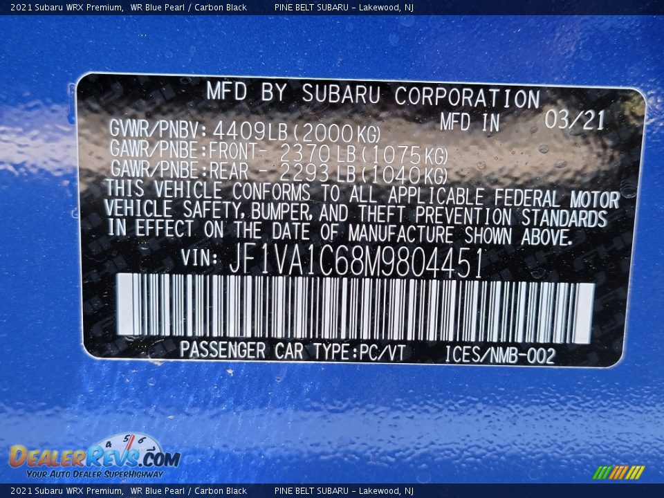 2021 Subaru WRX Premium WR Blue Pearl / Carbon Black Photo #14