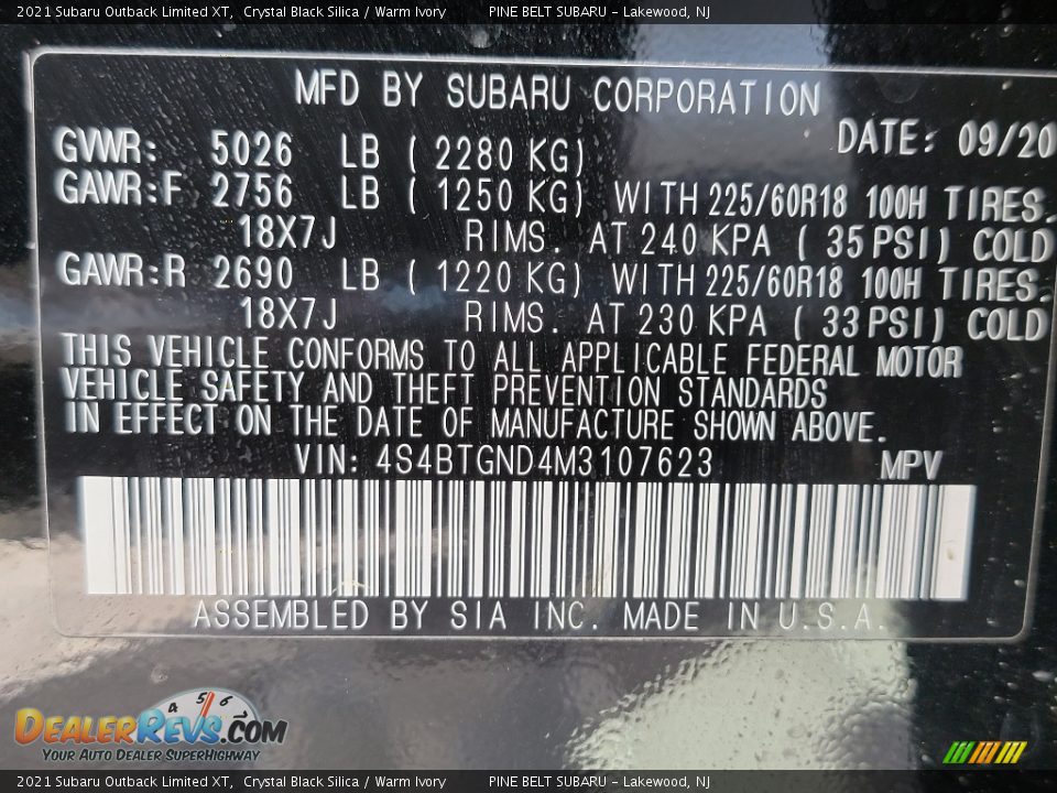 2021 Subaru Outback Limited XT Crystal Black Silica / Warm Ivory Photo #14